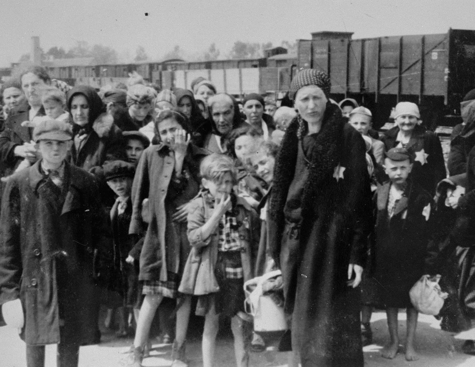Photo: Bernhardt Walter/Ernst Hofmann. Jewish women and children from Subcarpathian Rus await selection on the ramp at Auschwitz-Birkenau. 1944. USHMM.