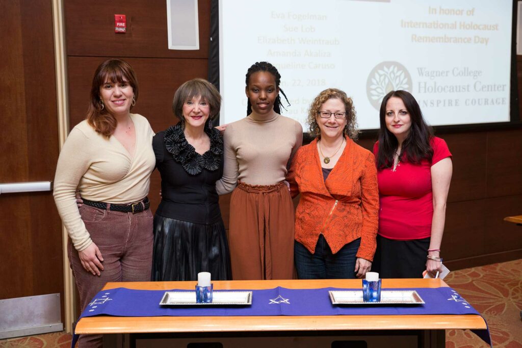 The evening's speakers: Jacqueline Caruso, Eva Fogelman, Amanda Akaliza, Susan Lob, and Elizabeth Weintraub.